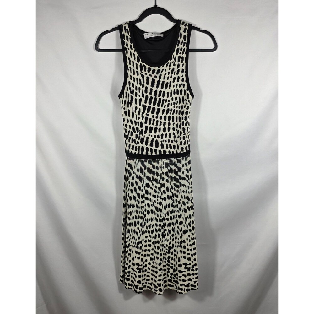 Trina Turk Animal Print Tank Sweater Dress Black Cream Knit Fit Flare Size M